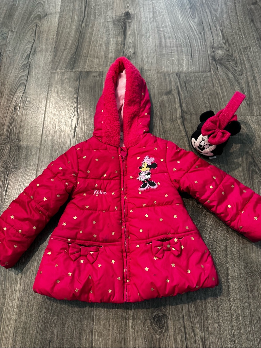Disney Minnie Mouse Bright Pink Minnie Mouse Star Puffer Jacket with Ear muffs